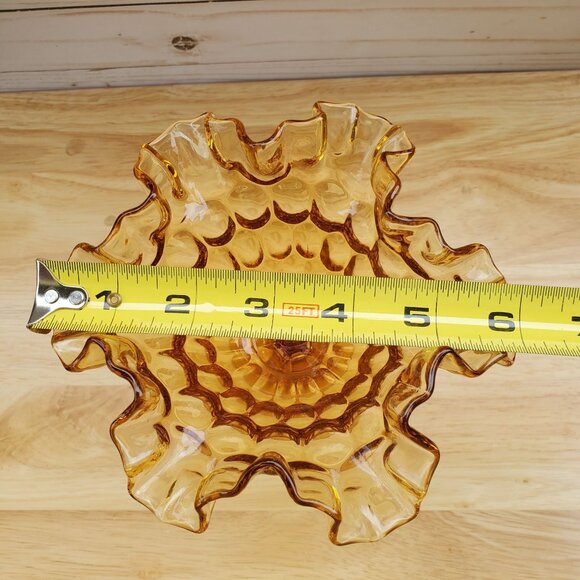 Vintage Fenton Amber Thumbprint Glass Compote Dish With Ruffled Edges 1960s MCM - Picture 7 of 8